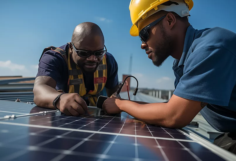 Two solar power engineers installing solar panels