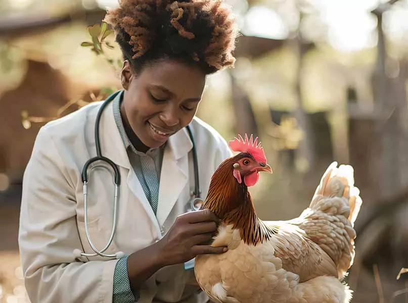 Smiling veterinarian in white coat examining a chicken