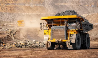 Open pit mine industry, big yellow mining truck for coal