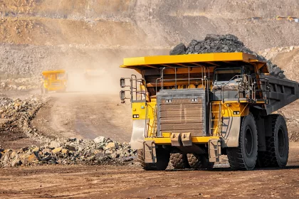 Open pit mine industry, big yellow mining truck for coal