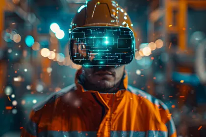 A construction worker wearing virtual reality glasses